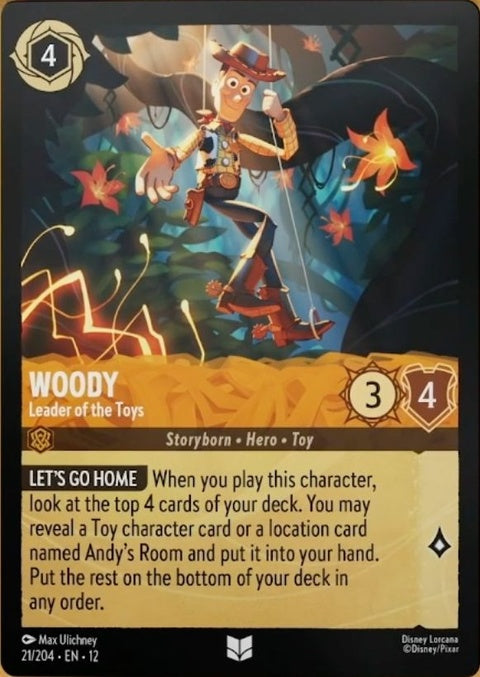 Disney Lorcana Woody Leader Of The Toys 21 singles card featuring Woody in a dynamic pose with vibrant colors.