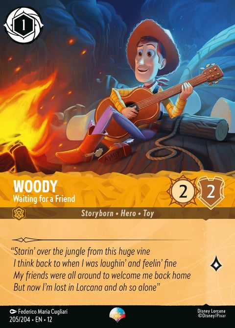 Disney Lorcana Woody "Waiting For A Friend" single card featuring Woody from Toy Story, with vibrant illustrations and details.