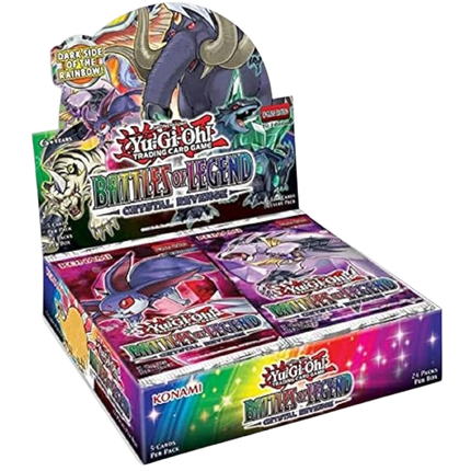 Yu-Gi-Oh! TCG Battles of Legend: Crystal Revenge booster box from KTM Collectibles, featuring colorful artwork and game cards.