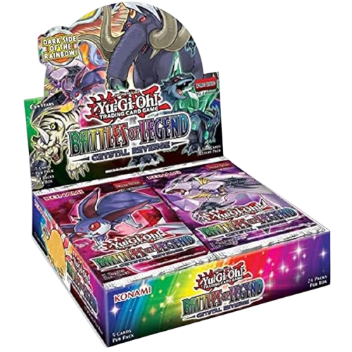Yu-Gi-Oh! TCG Battles of Legend: Crystal Revenge booster box from KTM Collectibles, featuring colorful artwork and game cards.
