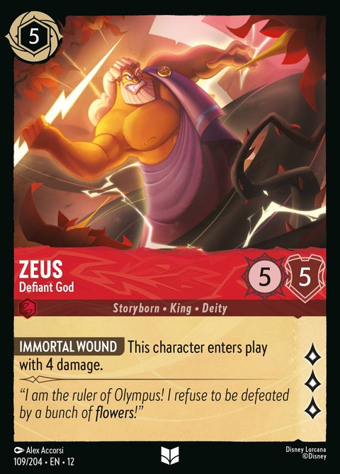 Disney Lorcana Zeus - Defiant God single card featuring an illustration of the powerful Greek god Zeus in a dynamic pose.